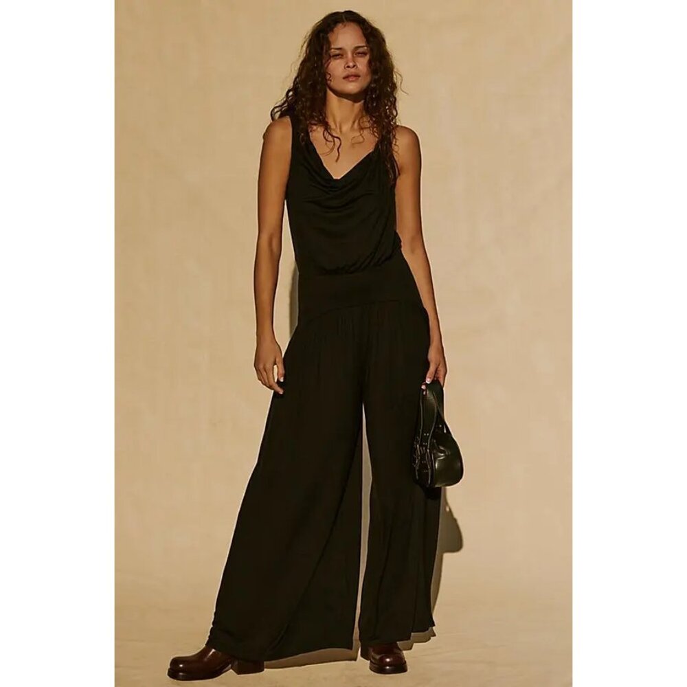 Free People Free-est Royale One Piece Jumpsuit Black Cowl Neck Wide Leg Boho L
